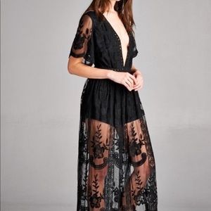 Embroidered lace maxi dress with shorts